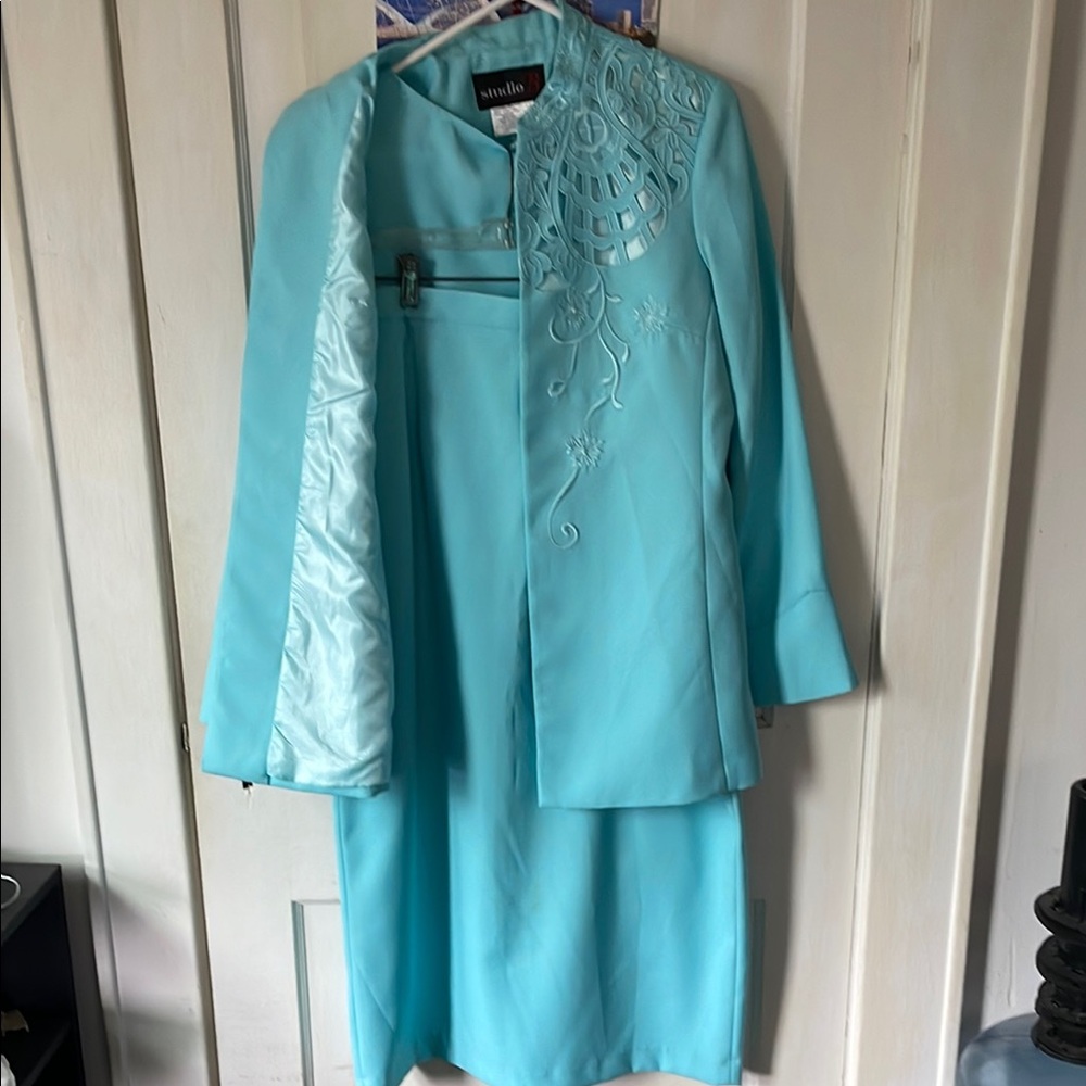 Elegant Aqua Blue Dress and Jacket Ensemble